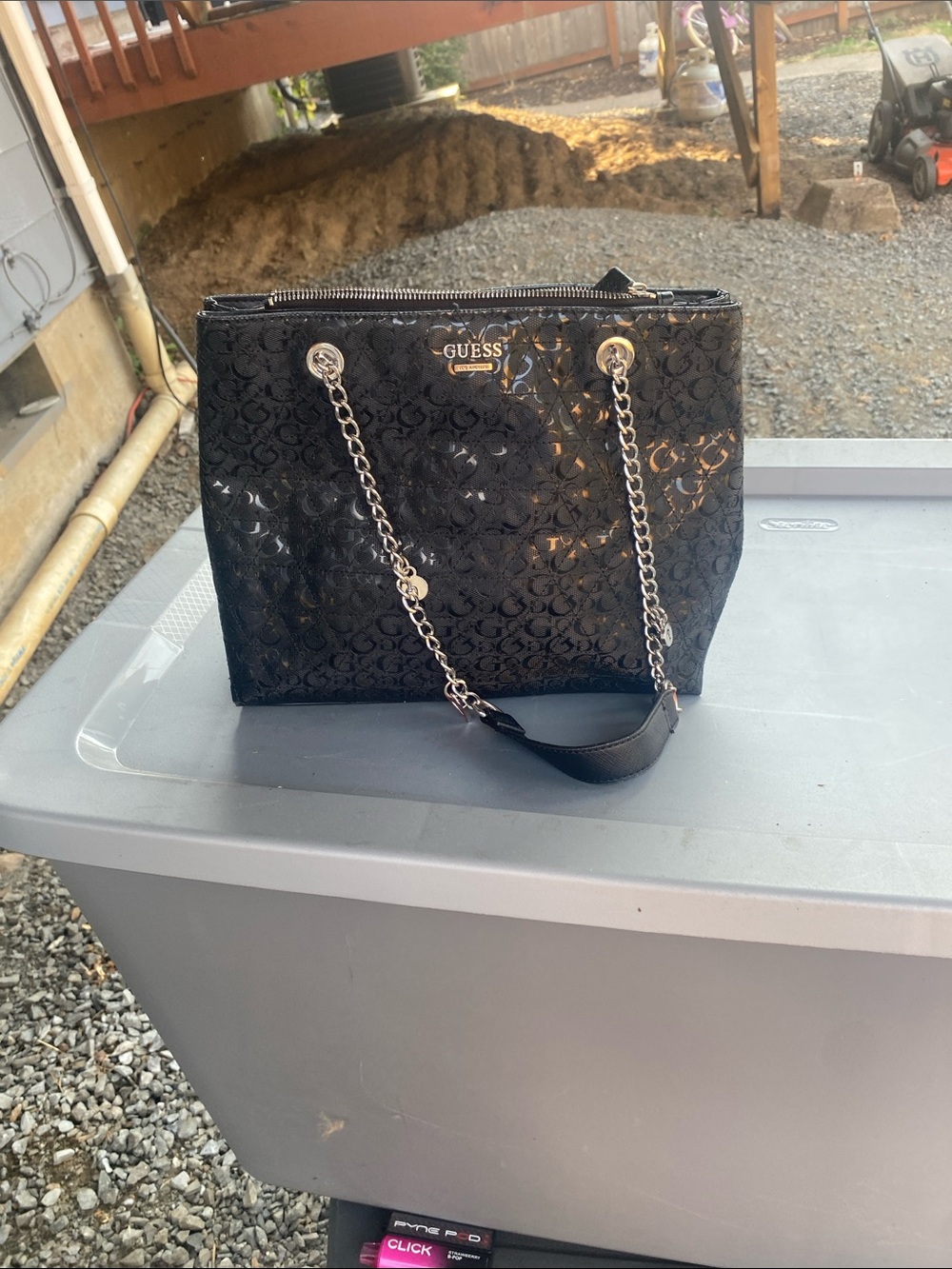 GUESS Black Patent Logo Tote with Silver Chain Straps